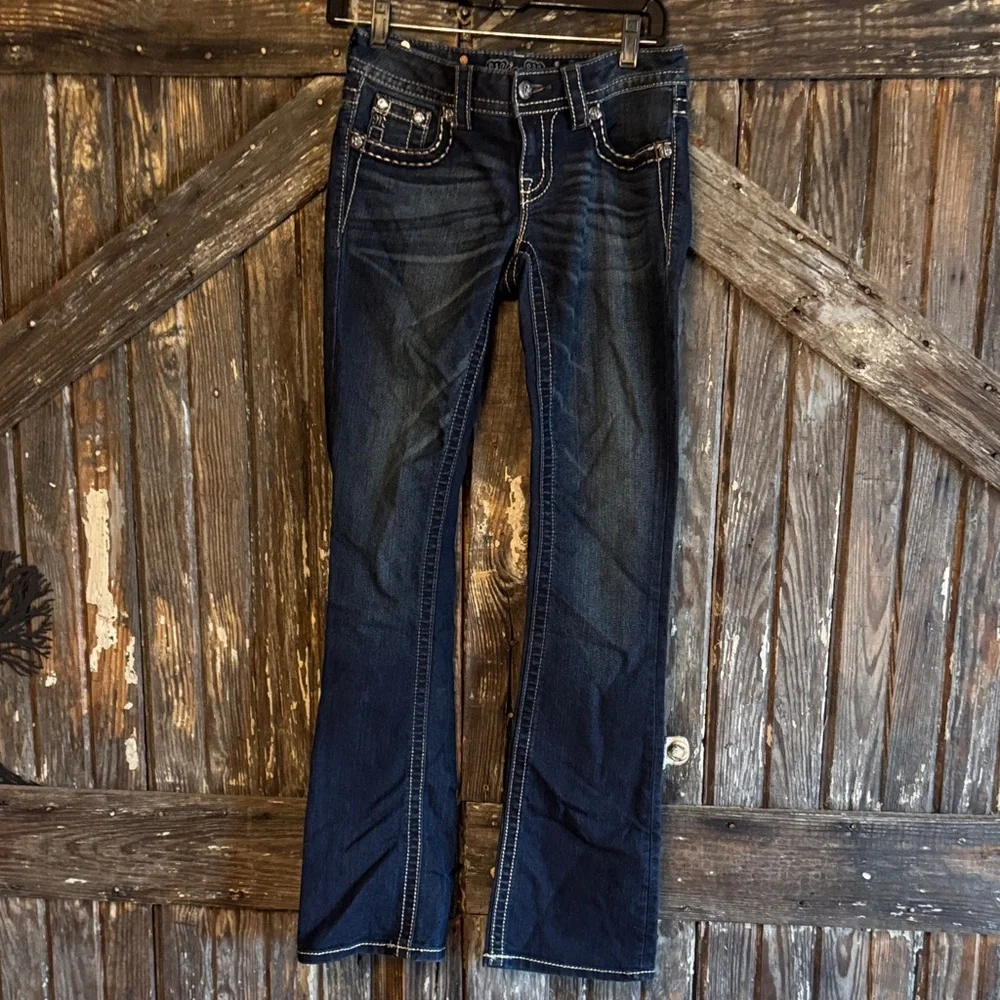 Miss Me Dark Blue Embroidered Bootcut Jeans with Gold Accents - Picture 7 of 12